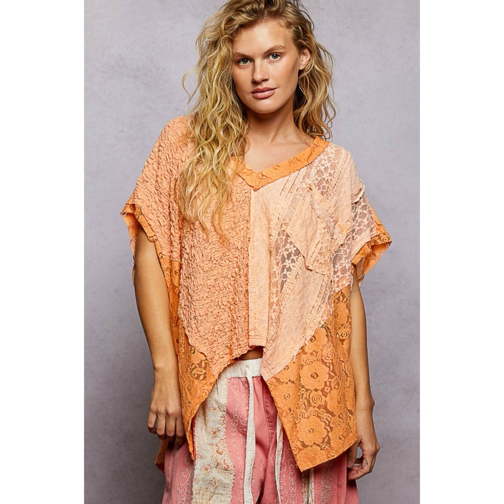 POL Orange Lace Patchwork Knit Top | Oversized V Neck Short Sleeve